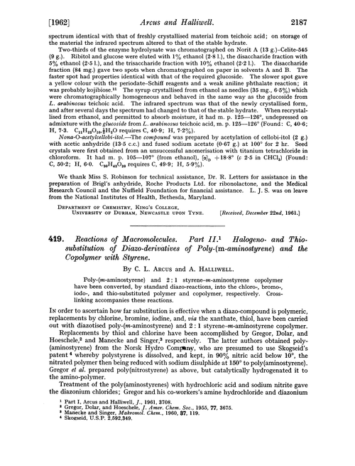 419. Reactions of macromolecules. Part II. Halogeno- and thiosubstitution of diazo-derivatives of poly-(m-aminostyrene) and the copolymer with styrene