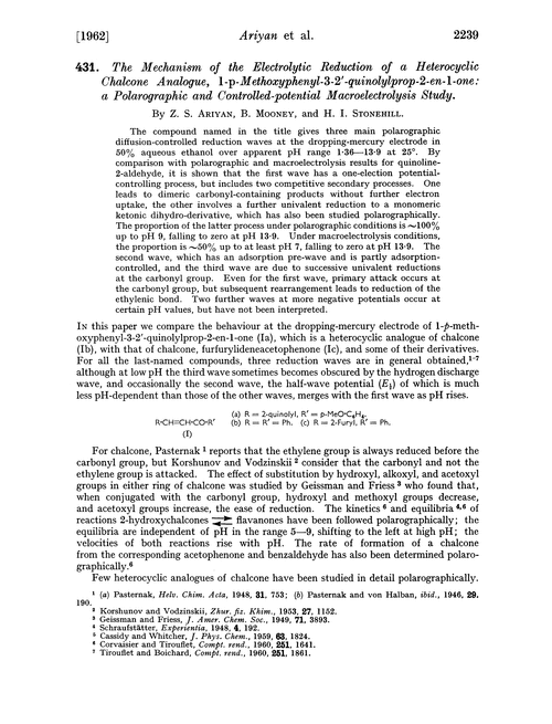 431. The mechanism of the electrolytic reduction of a heterocyclic chalcone analogue, 1-p-methoxyphenyl-3-2′-quinolylprop-2-en-1-one: a polarographic and controlled-potential macroelectrolysis study