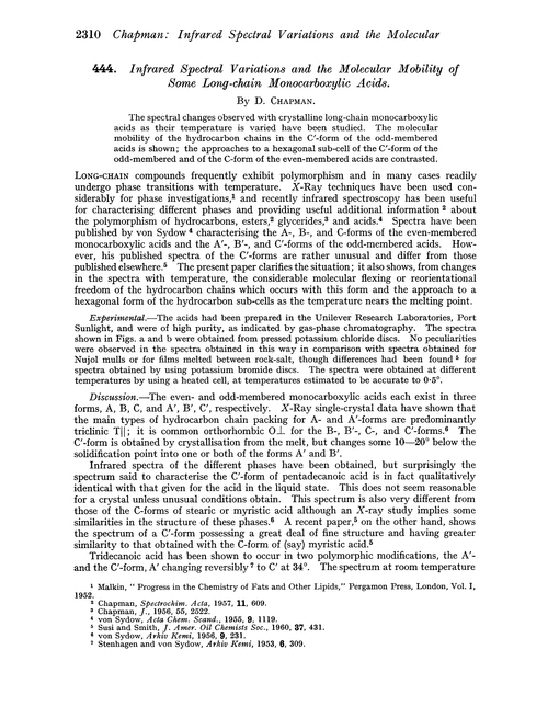 444. Infrared spectral variations and the molecular mobility of some long-chain monocarboxylic acids