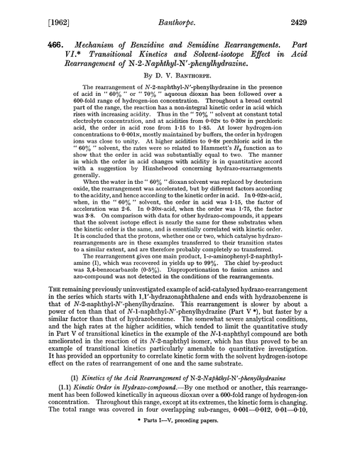 466. Mechanism of benzidine and semidine rearrangements. Part VI. Transitional kinetics and solvent-isotope effect in acid rearrangement of N-2-naphthyl-N′-phenylhydrazine