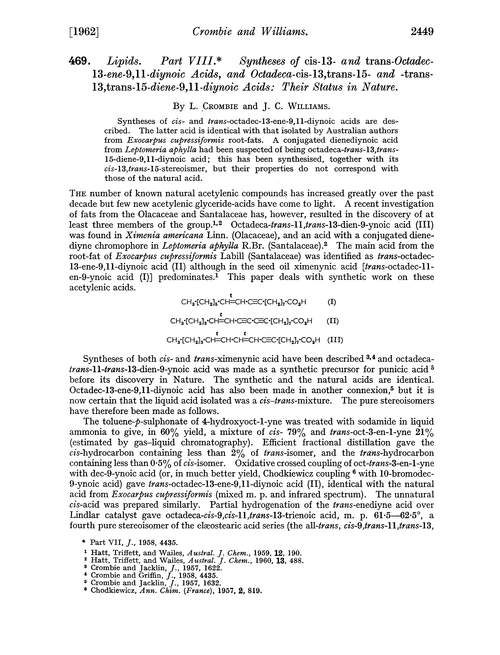 469. Lipids. Part VIII. Syntheses of cis-13- and trans-octadec-13-ene-9,11-diynoic acids, and octadeca-cis-13,trans-15- and -trans-13,trans-15-diene-9,11-diynoic acids: their status in nature