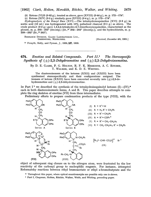 474. Emetine and related compounds. Part II. The stereospecific synthesis of (±)-2,3-dehydroemetine and (±)-2,3-dehydroisoemetine