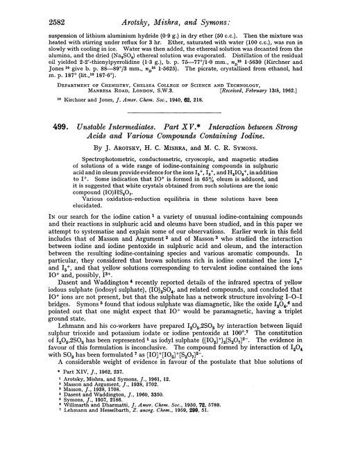 499. Unstable intermediates. Part XV. Interaction between strong acids and various compounds containing iodine