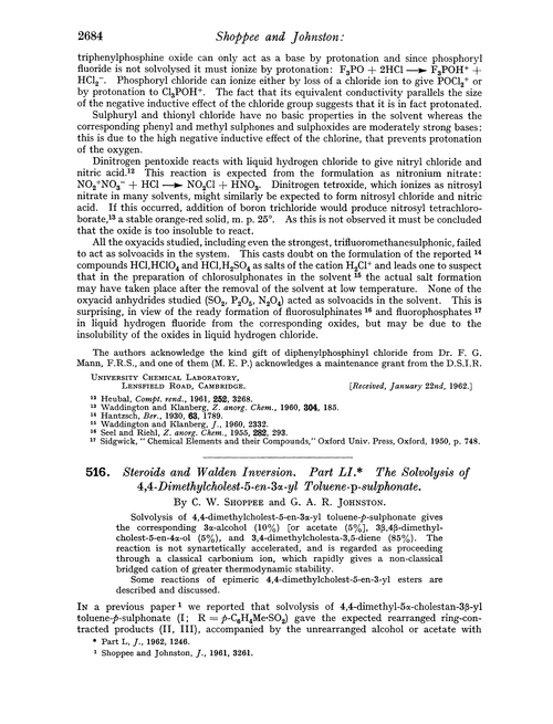 516. Steroids and Walden inversion. Part LI. The solvolysis of 4,4-dimethylcholest-5-en-3α-yl toluene-p-sulphonate