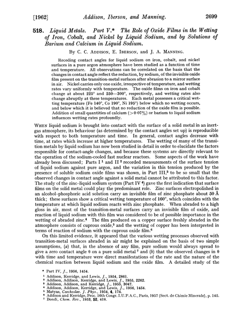 518. Liquid metals. Part V. The role of oxide films in the wetting of iron, cobalt, and nickel by liquid sodium, and by solutions of barium and calcium in liquid sodium