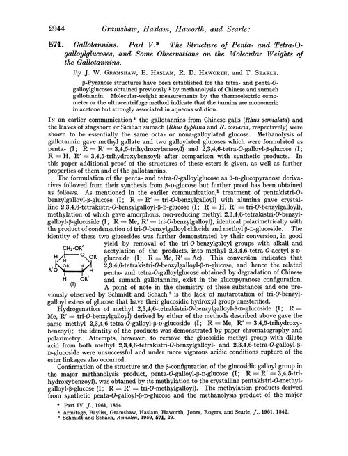 571. Gallotannins. Part V. The structure of penta- and tetra-O-galloylglucoses, and some observations on the molecular weights of the gallotannins