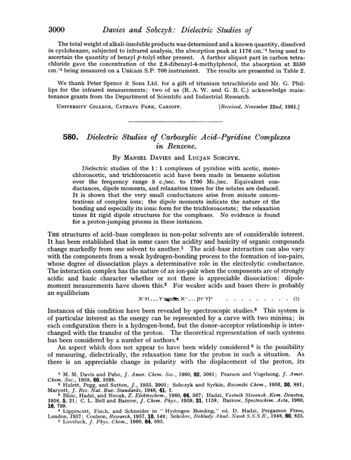 580. Dielectric studies of carboxylic acid–pyridine complexes in benzene