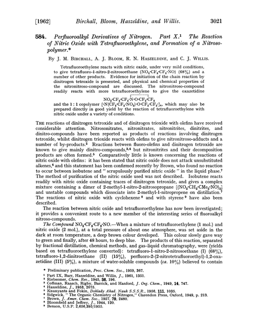 584. Perfluoroalkyl derivatives of nitrogen. Part X. The reaction of nitric oxide with tetrafluoroethylene, and formation of a nitrosopolymer