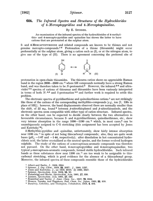 604. The infrared spectra and structures of the hydrochlorides of 4-mercaptopyridine and 4-mercaptoquinoline