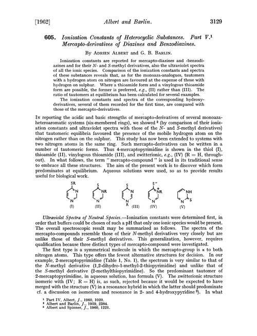 605. Ionization constants of heterocyclic substances. Part V. Mercapto-derivatives of diazines and benzodiazines
