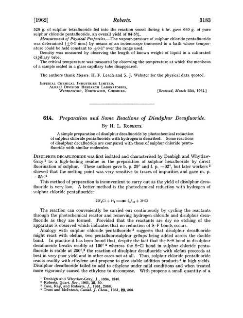 614. Preparation and some reactions of disulphur decafluoride