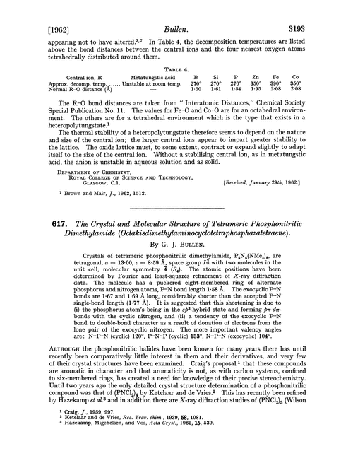 617. The crystal and molecular structure of tetrameric phosphonitrilic dimethylamide (octakisdimethylaminocyclotetraphosphazatetraene)