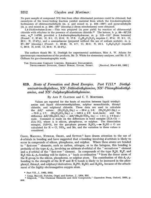 619. Heats of formation and bond energies. Part VIII. Diethylaminotrimethylsilane, NN′-dithiodiethylamine, NN′-thionylbisdiethylamine, and NN′-sulphurylbisdiethylamine
