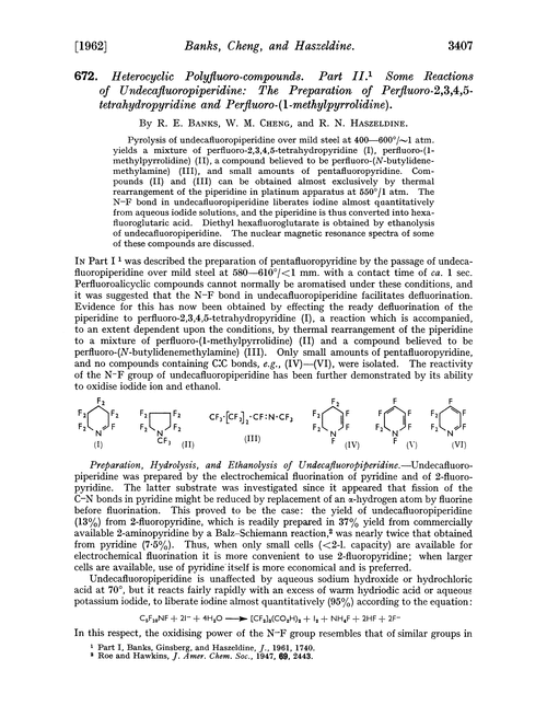672. Heterocyclic polyfluoro-compounds. Part II. Some reactions of undecafluoropiperidine: the preparation of perfluoro-2,3,4,5-tetrahydropyridine and perfluoro-(1-methylpyrrolidine)