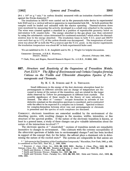 687. Structure and reactivity of the oxyanions of transition metals. Part XIII. The effect of environment and certain complex-forming cations on the visible and ultraviolet absorption spectra of permanganate and chromate