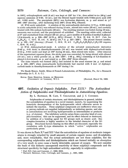 697. Oxidation of organic sulphides. Part XIII. The antioxidant action of sulphoxides and thiolsulphinates in autoxidizing squalene