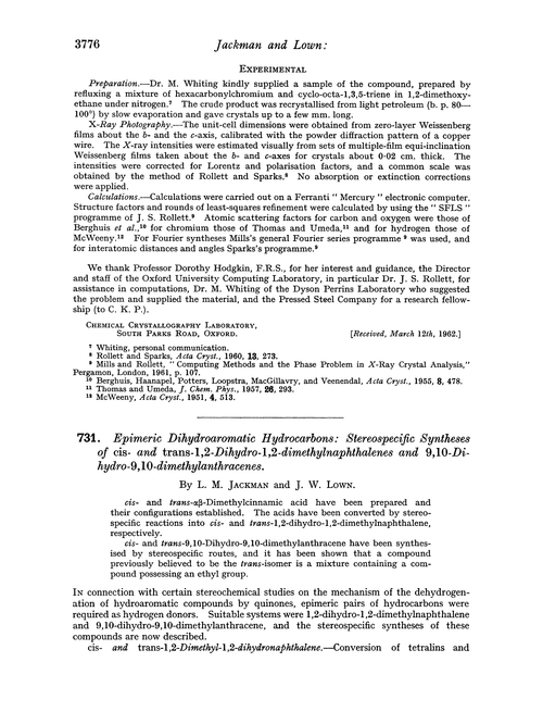 731. Epimeric dihydroaromatic hydrocarbons: stereospecific syntheses of cis- and trans-1,2-dihydro-1,2-dimethylnaphthalenes and 9,10-dihydro-9,10-dimethylanthracenes