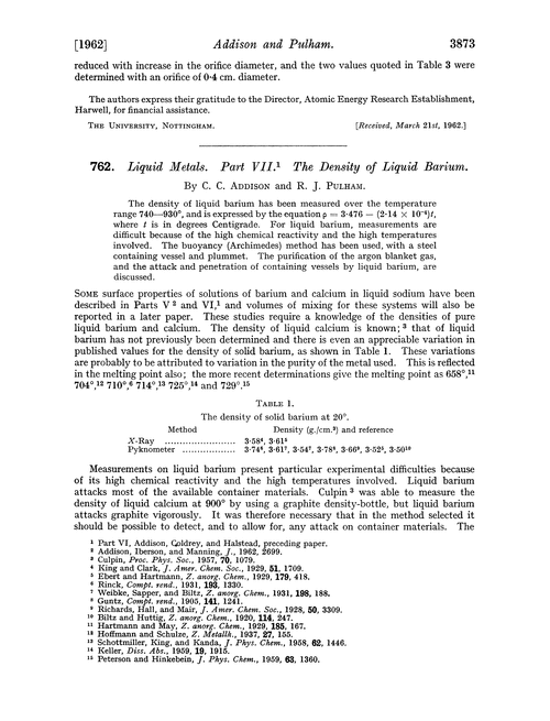 762. Liquid metals. Part VII. The density of liquid barium