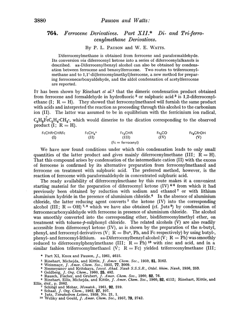 764. Ferrocene derivatives. Part XII. Di- and tri-ferrocenylmethane derivatives