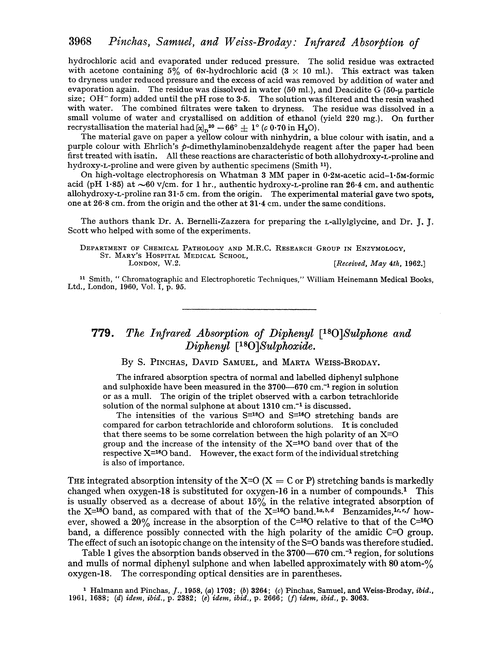 779. The infrared absorption of diphenyl [18O]sulphone and diphenyl [18O]sulphoxide