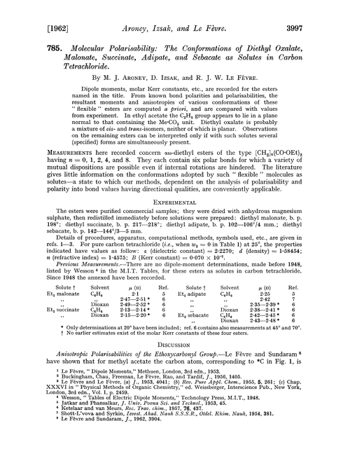 785. Molecular polarisability: the conformations of diethyl oxalate, malonate, succinate, adipate, and sebacate as solutes in carbon tetrachloride
