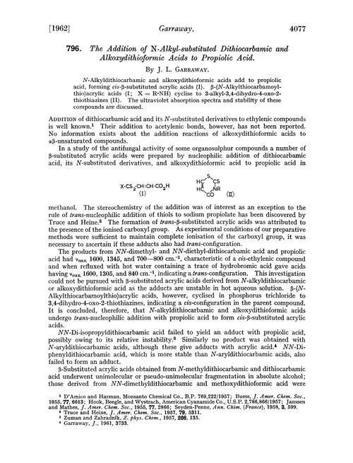 796. The addition of N-alkyl-substituted dithiocarbamic and alkoxydithioformic acids to propiolic acid