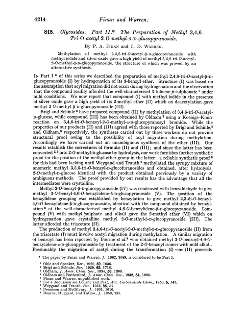 815. Glycosides. Part II. The preparation of methyl 3,4,6-tri-O-acetyl-2-O-methyl-β-D-glucopyranoside