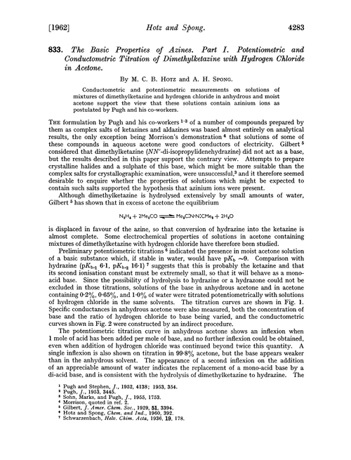 833. The basic properties of azines. Part I. Potentiometric and conductometric titration of dimethylketazine with hydrogen chloride in acetone