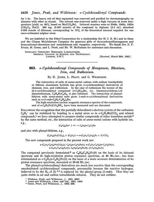 863. π-Cyclohexadienyl compounds of manganese, rhenium, iron, and ruthenium