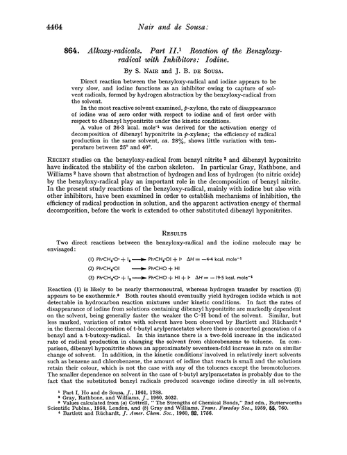 864. Alkoxy-radicals. Part II. Reaction of the benzyloxy-radical with inhibitors: iodine