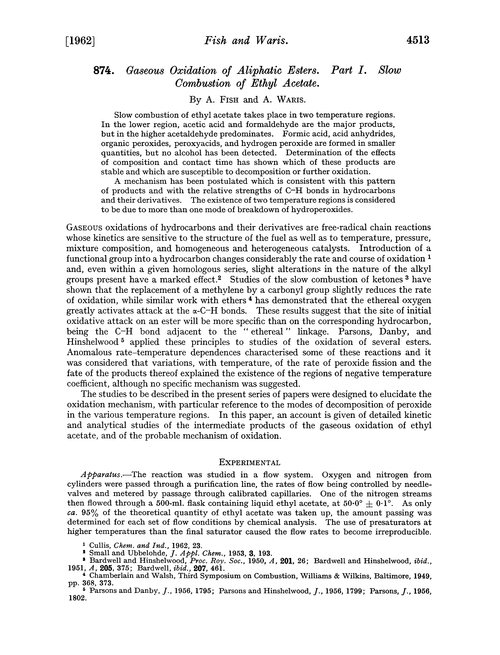 874. Gaseous oxidation of aliphatic esters. Part I. Slow combustion of ethyl acetate