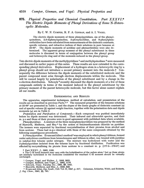 875. Physical properties and chemical constitution. Part XXXVI. The electric dipole moments of phenyl derivatives of some N-heterocyclic molecules