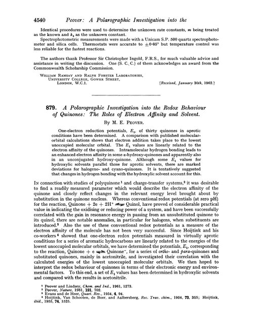 879. A polarographic investigation into the redox behaviour of quinones: the roles of electron affinity and solvent