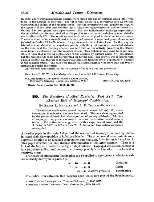 890. The reactions of alkyl radicals. Part XI. The absolute rate of isopropyl combination