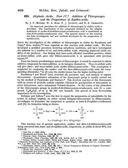 893. Aliphatic acids. Part IV. Addition of thiocyanogen and the preparation of epithio-acids