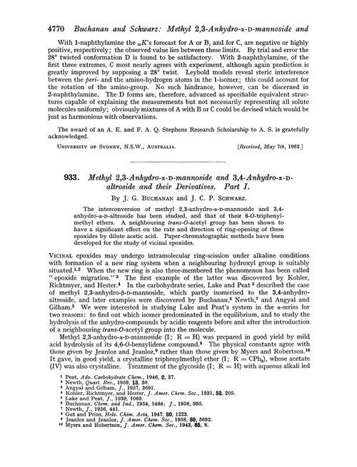 933. Methyl 2,3-anhydro-α-D-mannoside and 3,4-anhydro-α-D-altroside and their derivatives. Part I