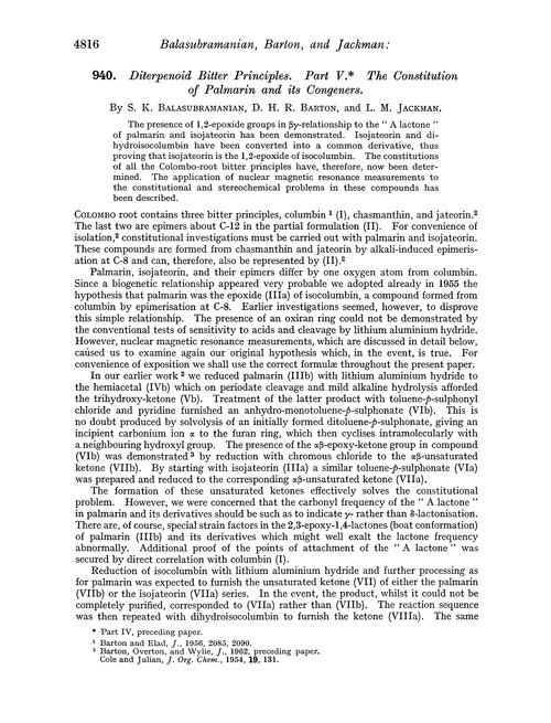 940. Diterpenoid bitter principles. Part V. The constitution of palmarin and its congeners