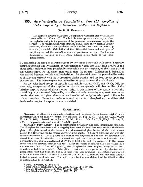 955. Sorption studies on phosphatides. Part II. Sorption of water vapour by a synthetic lecithin and cephalin