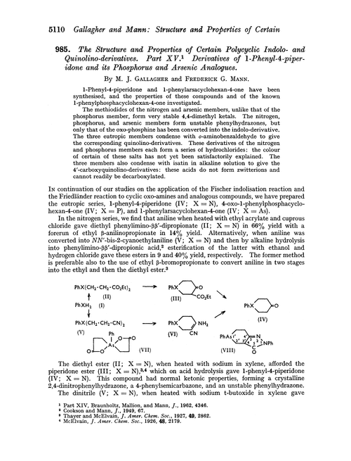 985. The structure and properties of certain polycyclic indolo- and quinolino-derivatives. Part XV. Derivatives of 1-phenyl-4-piperidone and its phosphorus and arsenic analogues