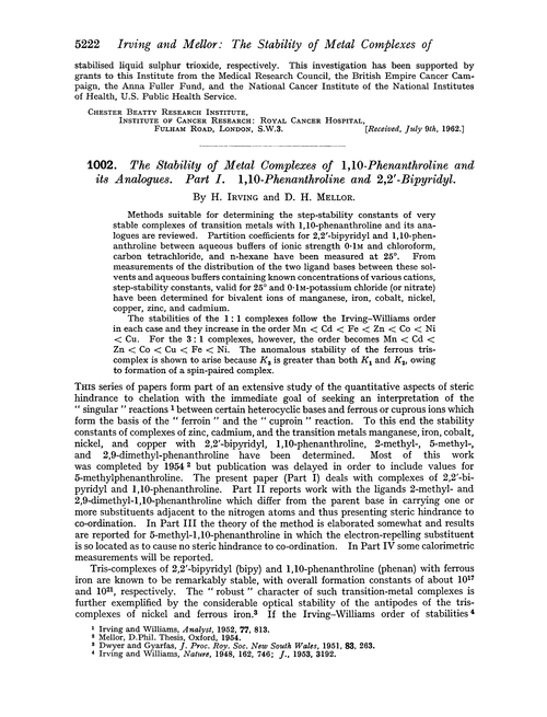 1002. The stability of metal complexes of 1,10-phenanthroline and its analogues. Part I. 1,10-Phenanthroline and 2,2′-bipyridyl