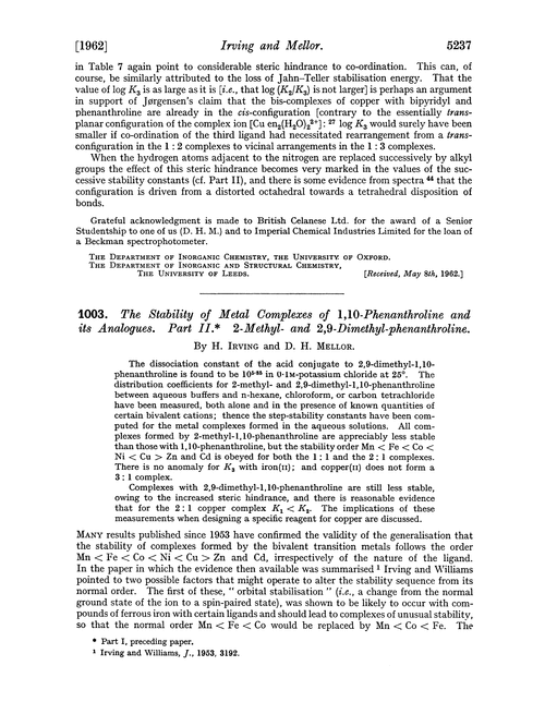 1003. The stability of metal complexes of 1,10-phenanthroline and its analogues. Part II. 2-Methyl- and 2,9-dimethyl-phenanthroline