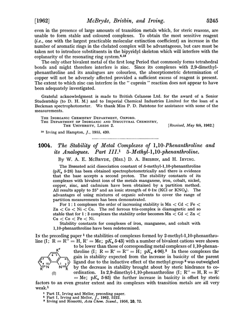 1004. The stability of metal complexes of 1,10-phenanthroline and its analogues. Part III. 5-Methyl-1,10-phenanthroline