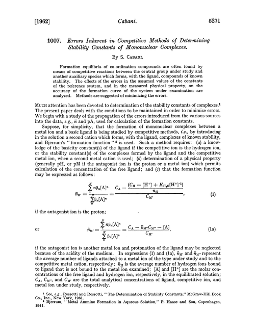 1007. Errors inherent in competitive methods of determining stability constants of mononuclear complexes