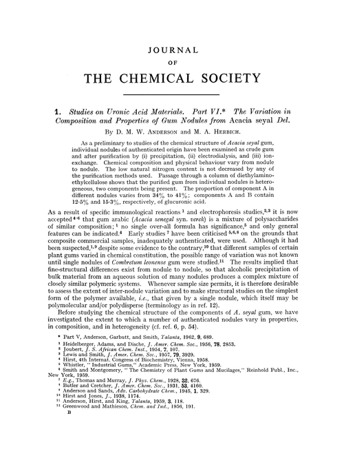 1. Studies on uronic acid materials. Part VI. The variation in composition and properties of gum nodules from Acacia seyal del.