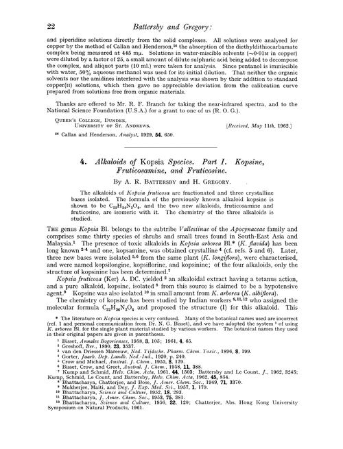 4. Alkaloids of Kopsia species. Part I. Kopsine, fruticosamine, and fruticosine