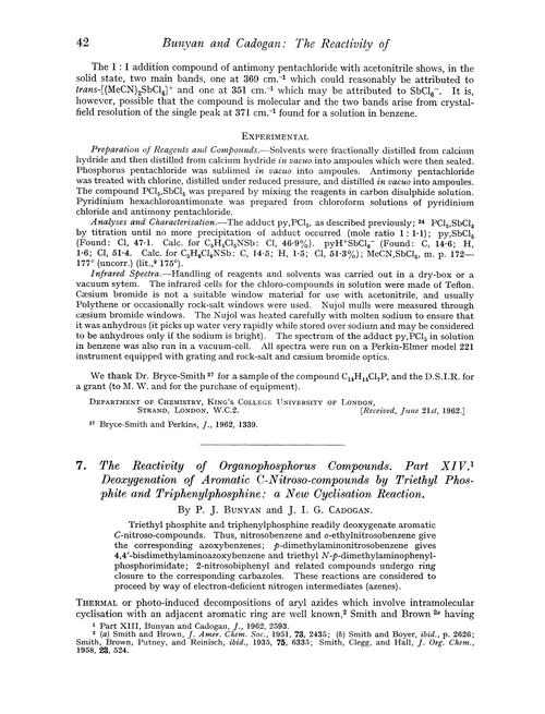 7. The reactivity of organophosphorus compounds. Part XIV. Deoxygenation of aromatic C-nitroso-compounds by triethyl phosphite and triphenylphosphine: a new cyclisation reaction
