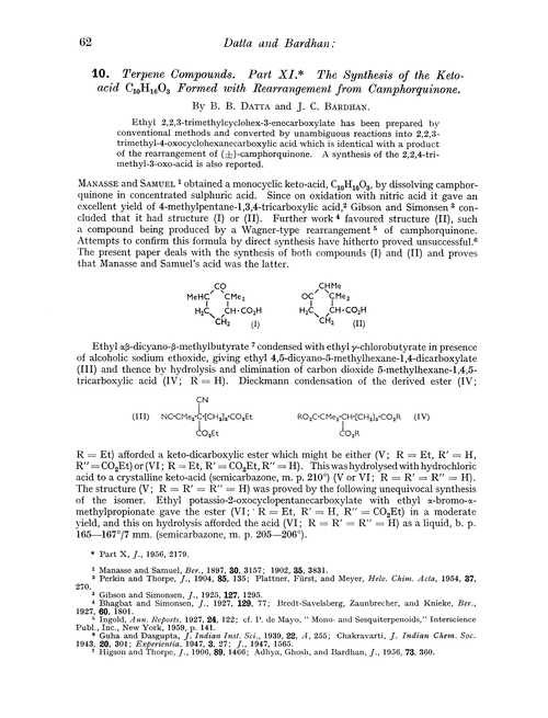 10. Terpene compounds. Part XI. The synthesis of the keto-acid C10H16O3 formed with rearrangement from camphorquinone