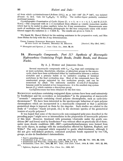 14. Macrocyclic compounds. Part II. Synthesis of macrocyclic hydrocarbons containing triple bonds, double bonds, and benzene nuclei