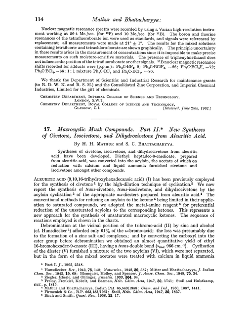 17. Macrocyclic musk compounds. Part II. New syntheses of civetone, isocivetone, and dihydrocivetone from aleuritic acid