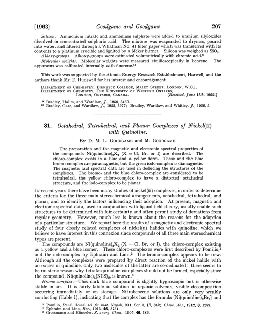 31. Octahedral, tetrahedral, and planar complexes of nickel(II) with quinoline